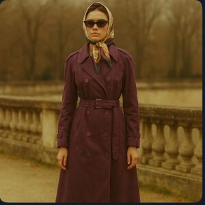 London Fog Vintage Women Double Breasted Belted Purple Trench Rain Coat Size 16P